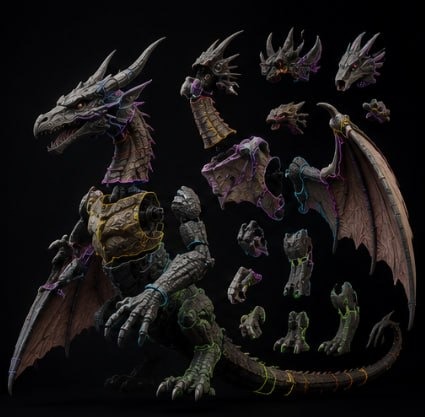 Exploded dragon model parts on a dark background for AI print prep