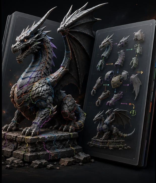 Dark dragon model with segmented parts breakdown for the maker playbook