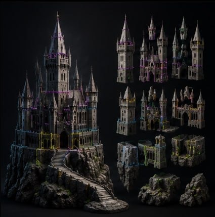 Dark castle model separated into printable parts for TooBig3D pricing