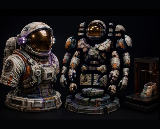 Astronaut model with exploded printable parts and printer safety check visual