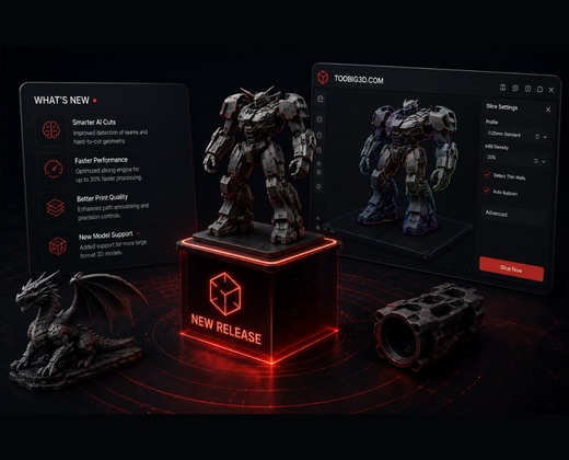 New release dashboard with robot model, dragon, and slice settings