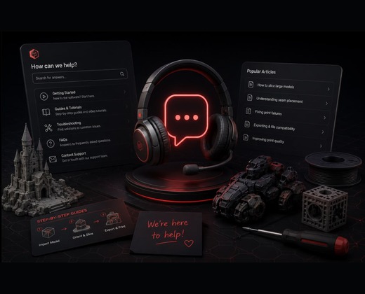 Support headset, help panels, maker guides, and printable model parts